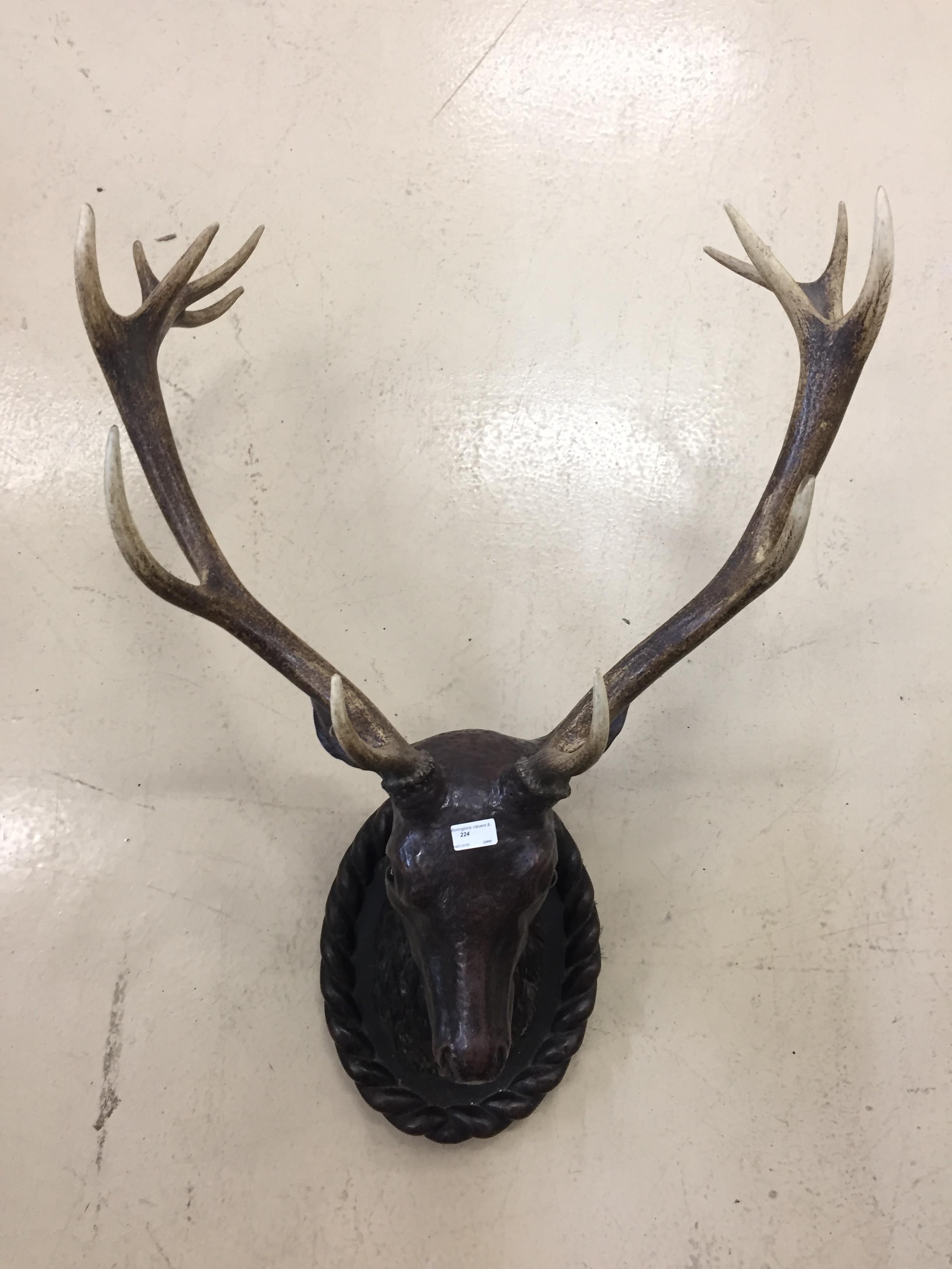 A large wall-mounted stag's head