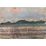 An oil on canvas depicting a sunset coastal scene, unframed,