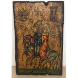 A painted wooden panel depicting a royal couple with amorial crest,