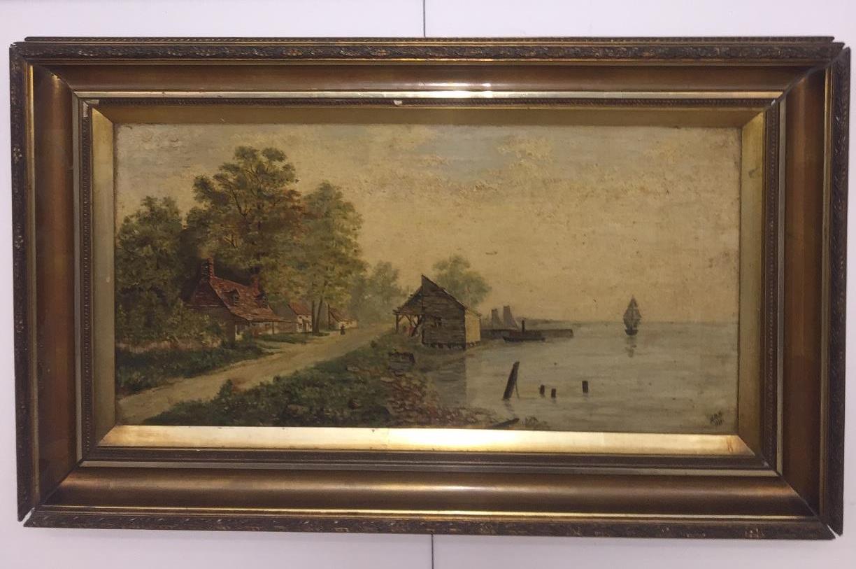 English School (19th century): A wooded riverside landscape with boats & houses, oil on canvas,