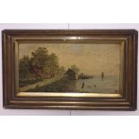 English School (19th century): A wooded riverside landscape with boats & houses, oil on canvas,