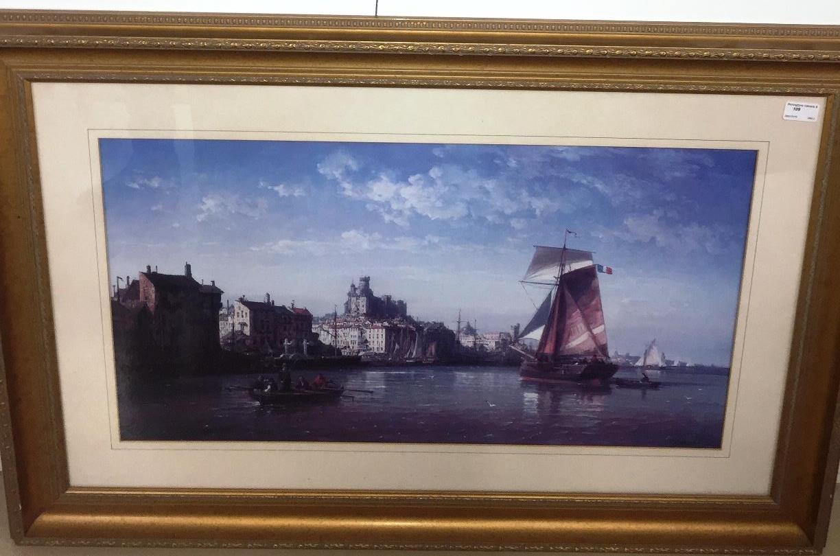 A decorative colour print depicting a shipping scene after Kuwasseg,