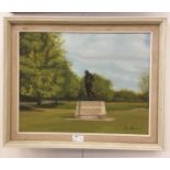 An oil on board depicting The Churchill Statue, Woodford Green, indistinctly signed lower right,