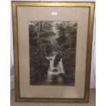 A 19th century watercolour depicting a wooded river landscape with waterfall, signed lower right,