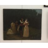 An oil on canvas depicting an elegant company in a landscape, unframed,