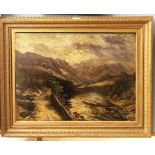 An 19th century oil on board depicting a figure in an extensive atmospheric highland landscape,