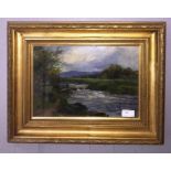 A 19th century oil depicting a figure in a river landscape, signed lower left,