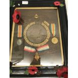 A framed and glazed WWI Mons Trio and Death Penny to Walter James Croft 1626, W. J.