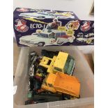 A quantity of playworn diecast vehicles to inc a Batmobile and a boxed Ghostbusters car