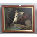 An oil on canvas depicting three horses drinking from a trough, signed lower left & dated 1882,