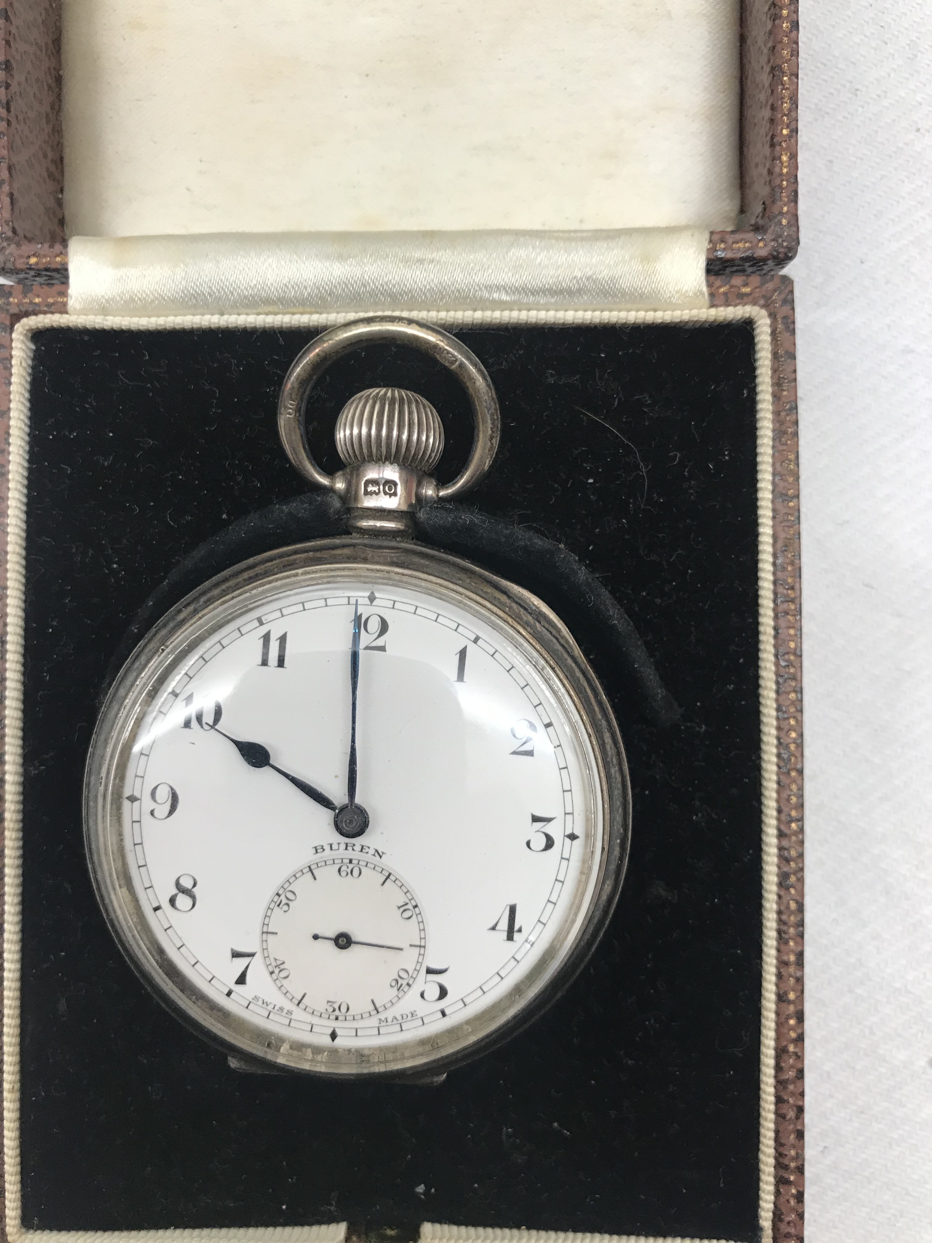A boxed Buren silver pocket watch: 15-jewel Grand Prix movement