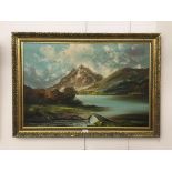 A large oil on canvas depicting a mountainous landscape,