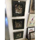 Three embroidered scenes of Buddha in wooden bamboo-style frames;