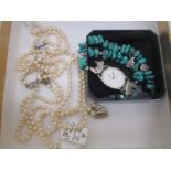 Four silver clasped pearl necklaces and a turquoise set native Indian watch