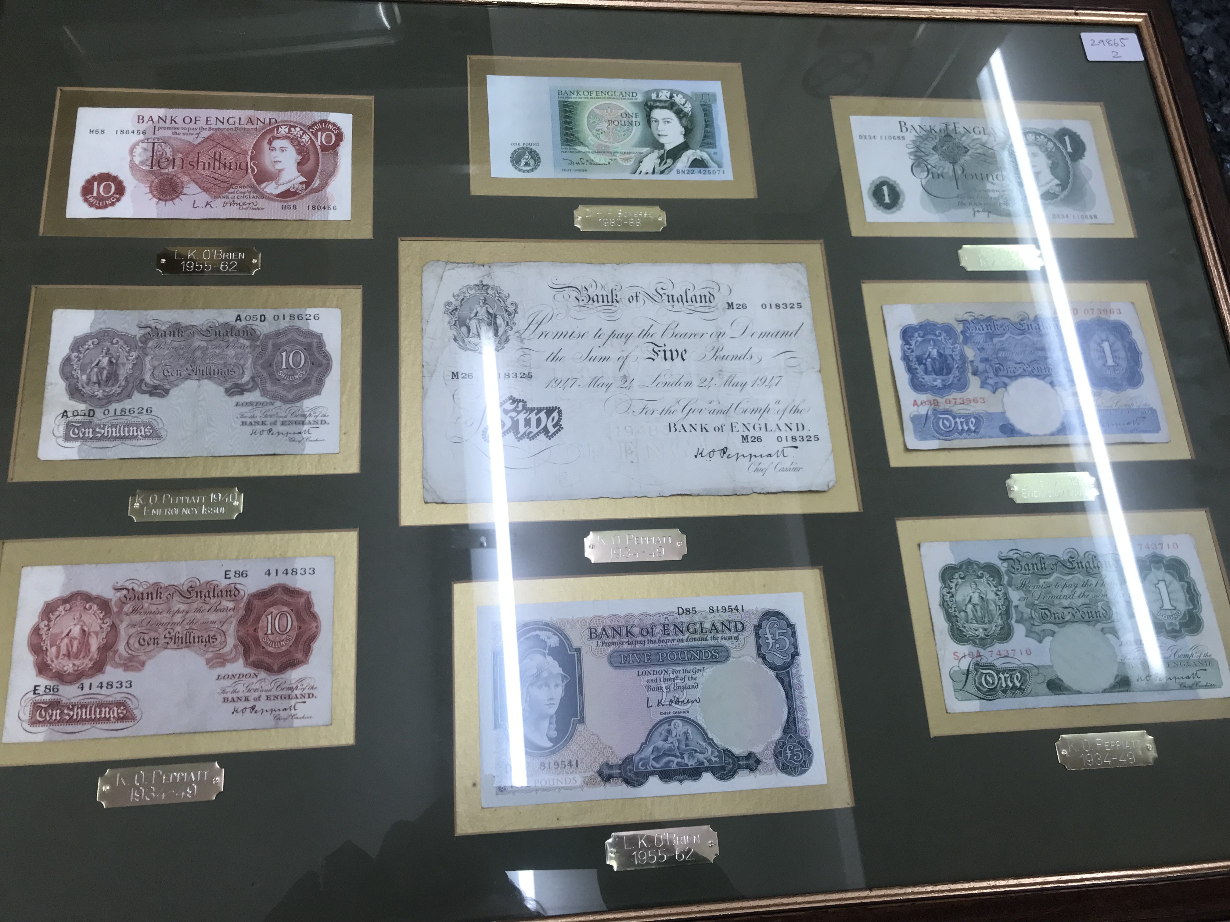 Framed banknotes to inc a Peppiatt white five pound note and eight others