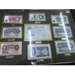 Framed banknotes to inc a Peppiatt white five pound note and eight others
