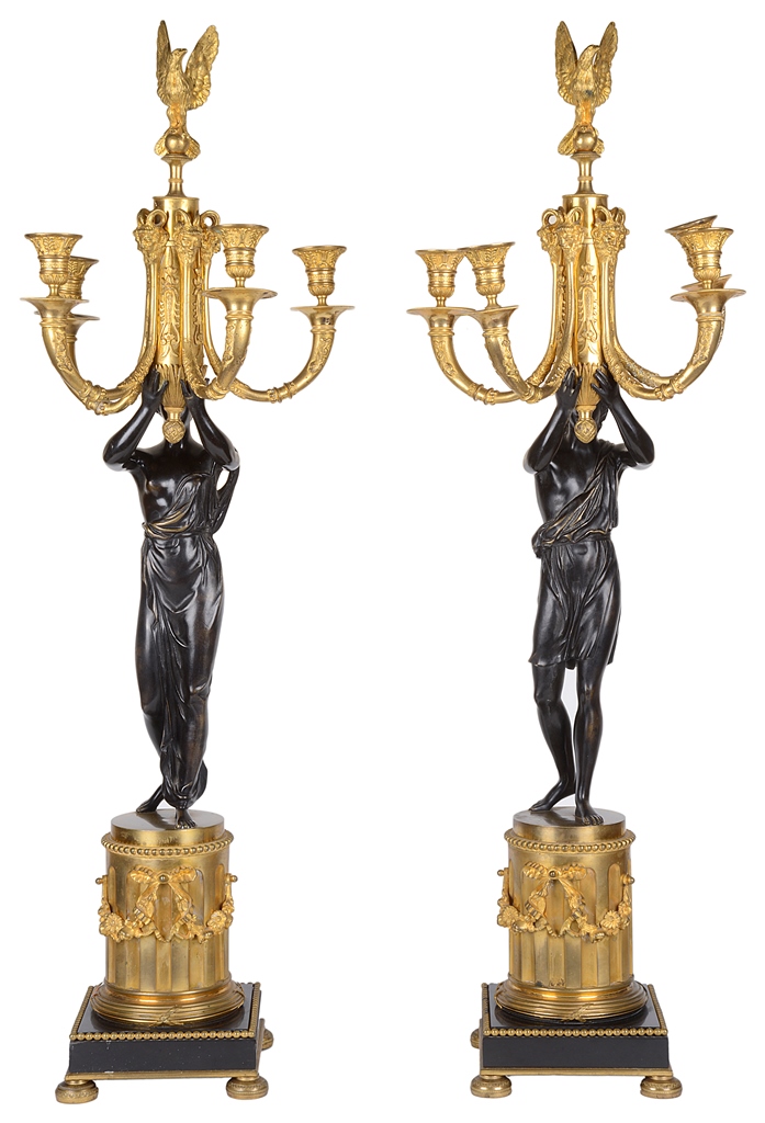 A Pair of Mid 19th Century Russian Bronze and Ormolu Candelabra: Circa 1860,