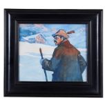 Houghton (19th/20th century): Study of a mountaineer with chalet & mountains beyond,