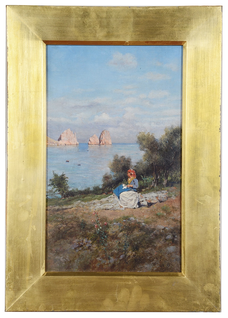 Attilio Pratella (Italian, 1856-1949): Figure before the coast, oil on panel, signed lower left,