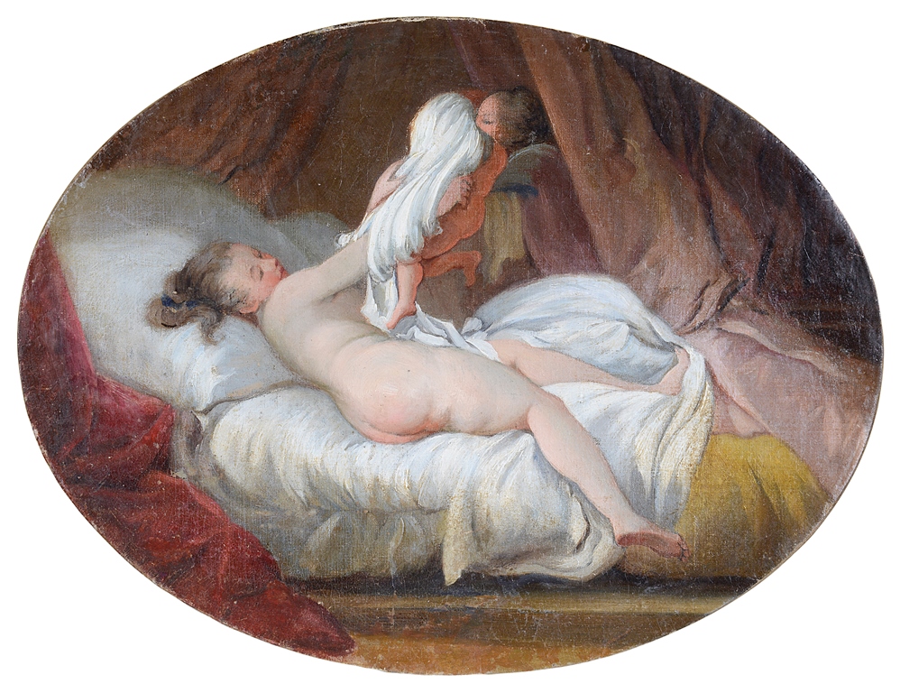 Circle of Jean-Honoré Fragonard (1732-1806): La chemise enlevée, oil on canvas laid on board,