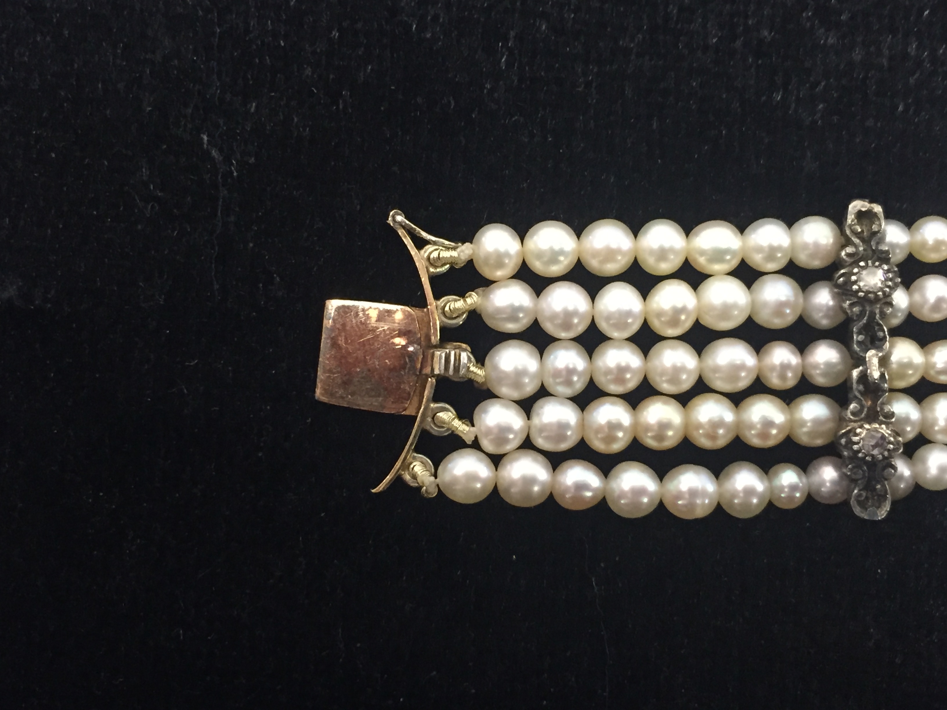 A 19th Century Continental Natural Pearl and Diamond Bracelet: The unhallmarked clasp set with rose - Image 6 of 8