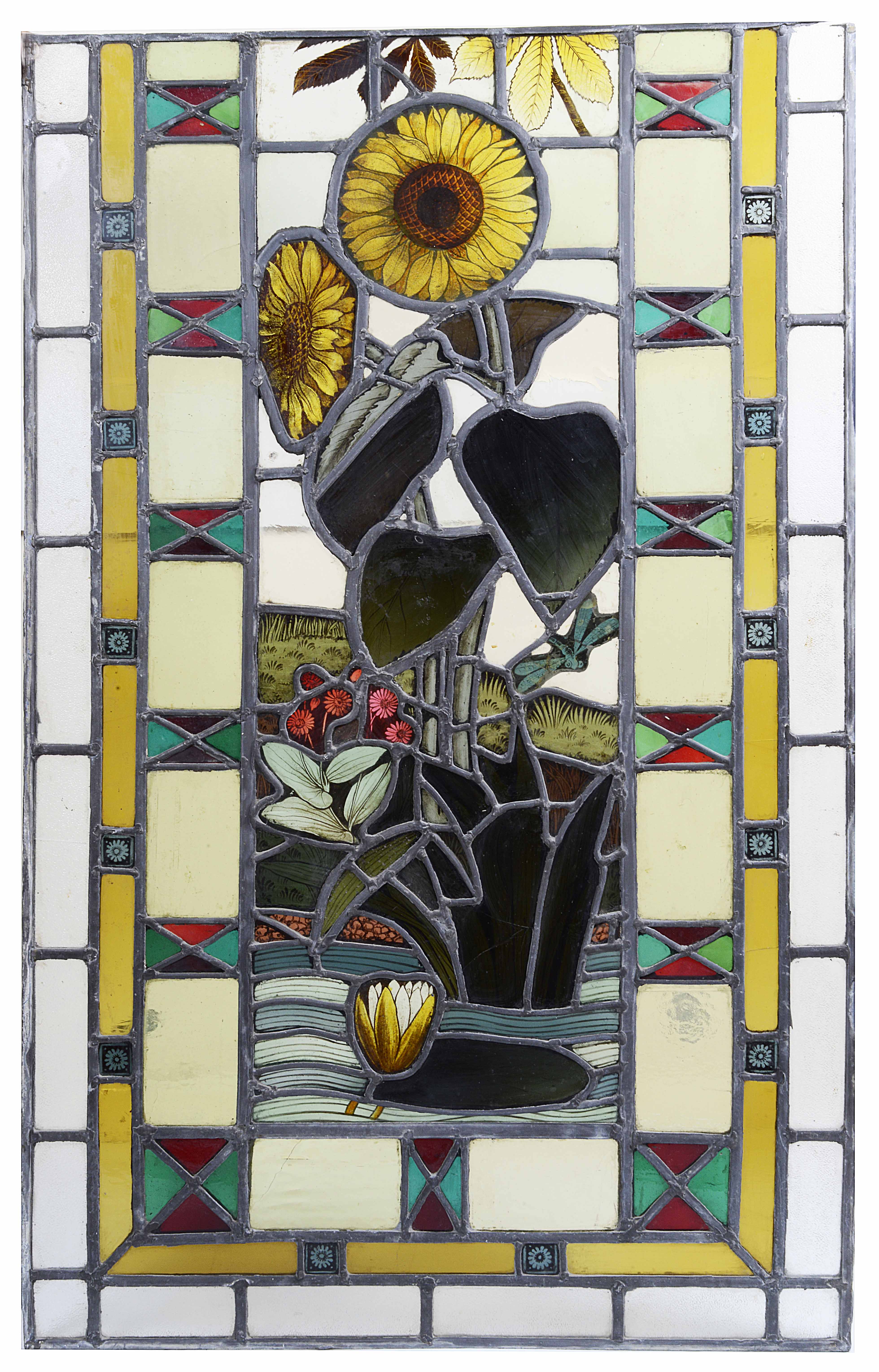 An Arts & Crafts Period Stained Glass Window: Finely inset with naturalistic design featuring