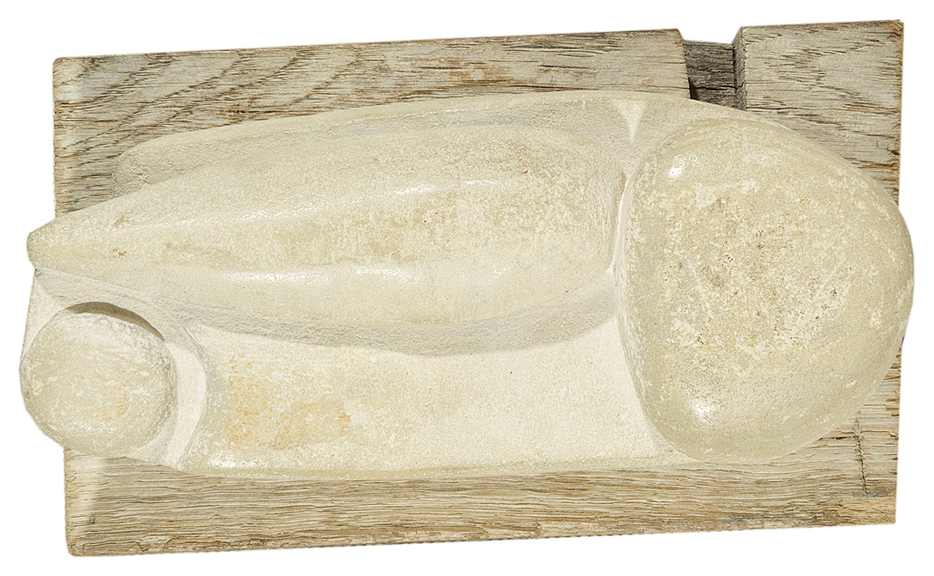 British School (20th century): An abstract stone sculpture on wooden base,