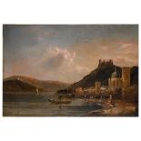 English School (19th century): Figures in a harbour with cliff top castle beyond, oil on canvas,