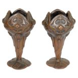 A Pair of Art & Crafts Style Metal Vases: Finely cast with geometric,
