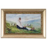 Romanian School (20th century): A lady in a landscape with sheep, oil on board, signed lower left,