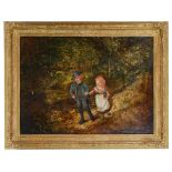 Attributed to Kate Greenaway (British, 1846-1901): Children in a wood, oil on canvas,