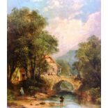 English School (19th century): A wooded river landscape with bridge & figures, oil on panel,
