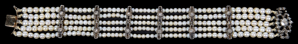 A 19th Century Continental Natural Pearl and Diamond Bracelet: The unhallmarked clasp set with rose