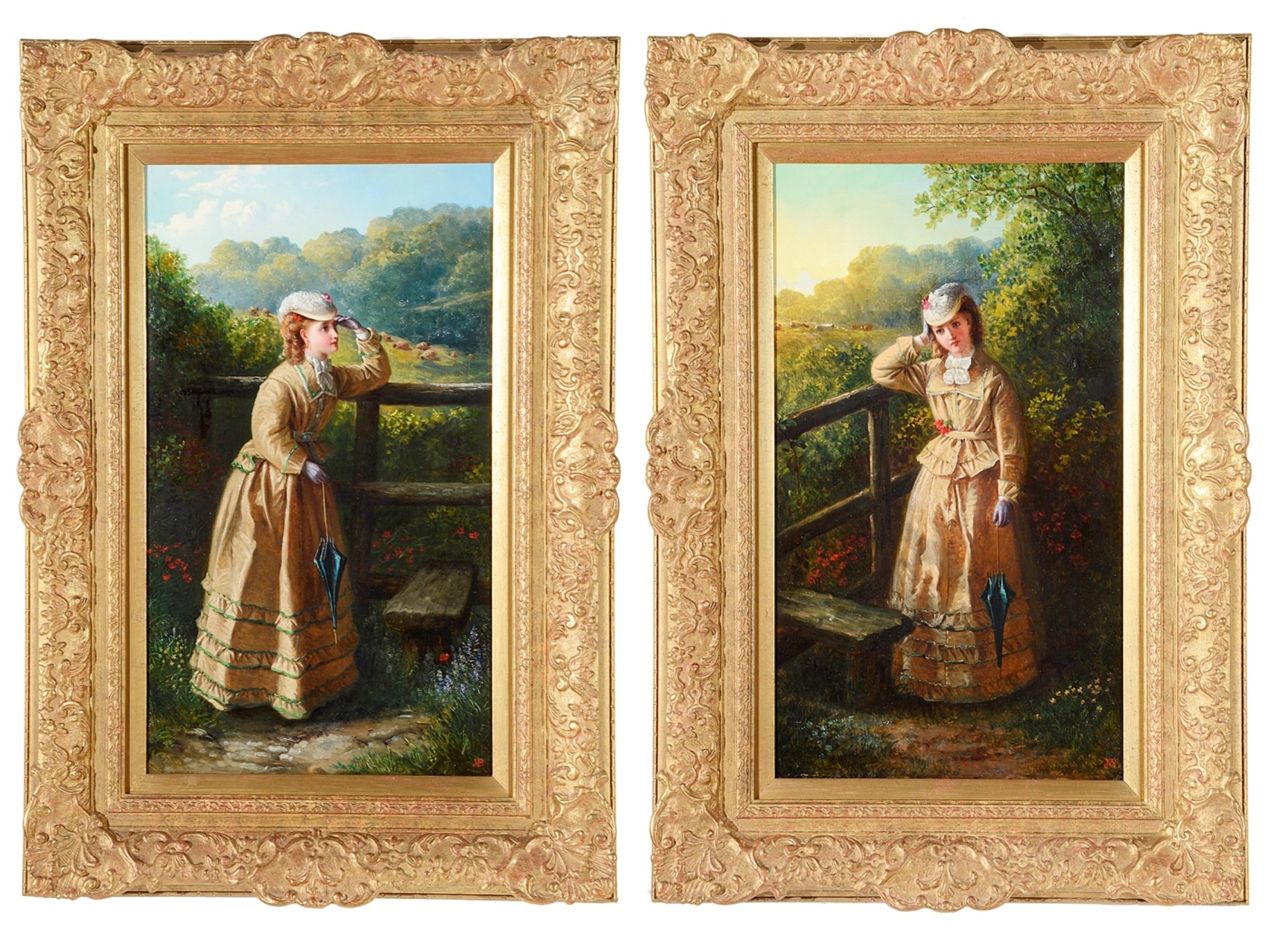 Jane Maria Bowkett (British, 1839-1891): A pair of oils on canvas depicting ladies in landscapes,