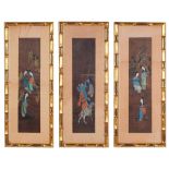 A Set of Three Chinese Watercolours: Hand-painted on silk depicting traditional figural scenes,