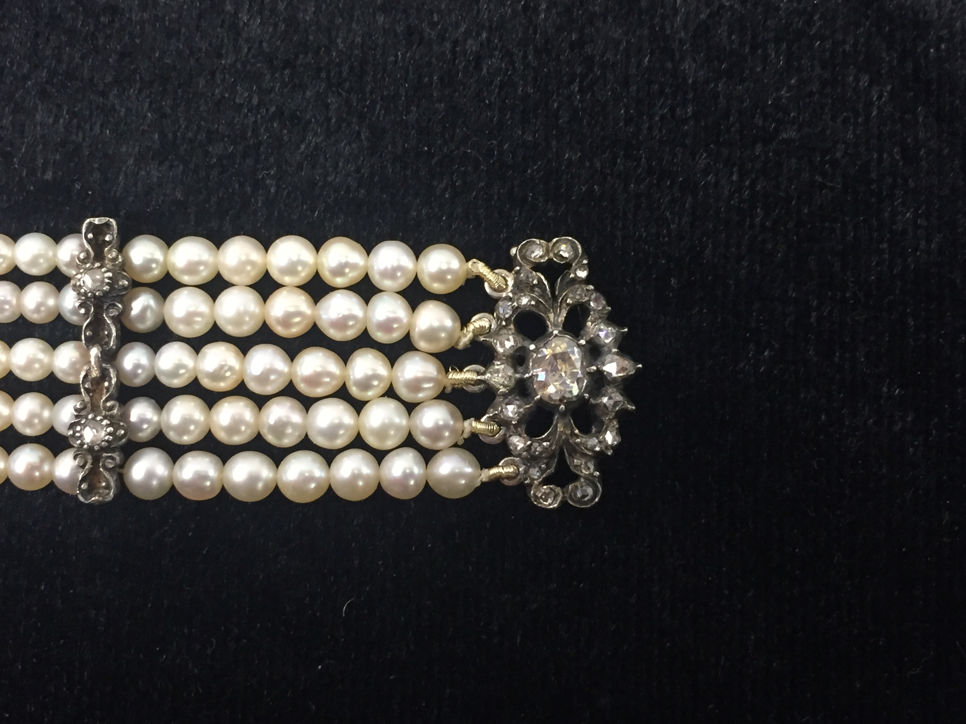 A 19th Century Continental Natural Pearl and Diamond Bracelet: The unhallmarked clasp set with rose - Image 4 of 8