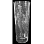 A Signed John Hutton Etched Glass Vase: Engraved with three naked women holding hands,
