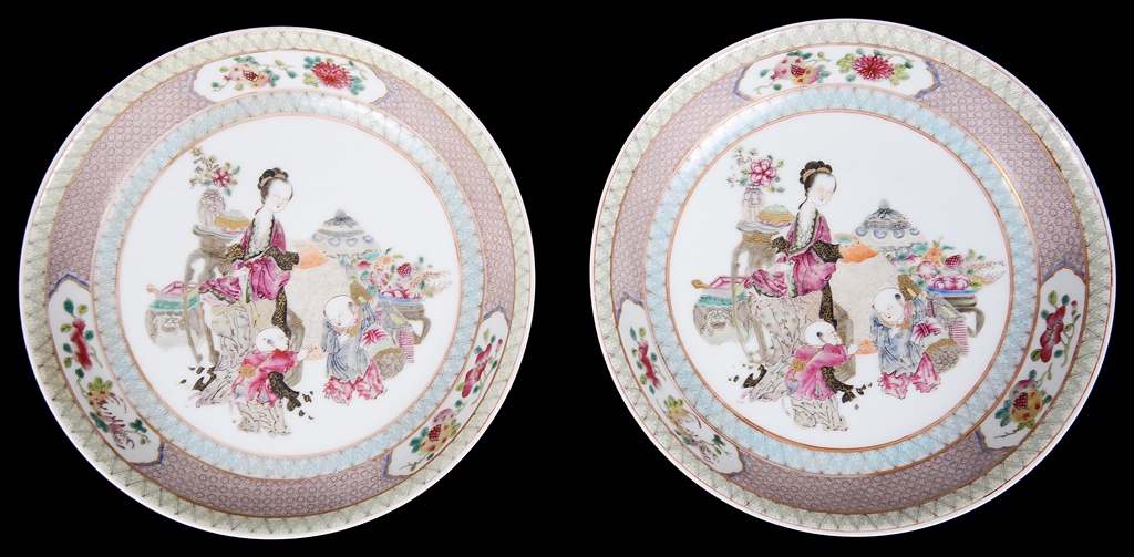 A Pair of Chinese Famille Rose Plates: Depicting figural scenes with utensils,