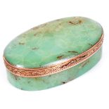 An 18th Century Green Hardstone Oval Snuff Box: Gold hinge hallmarked 1793, maker 'DD',