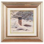 Otto Klar (South African, 1908-1994): Tower in a snowy landscape, oil on board,