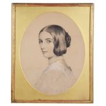 A head & shoulders portrait of a young lady, 19th century, graphite & watercolour,