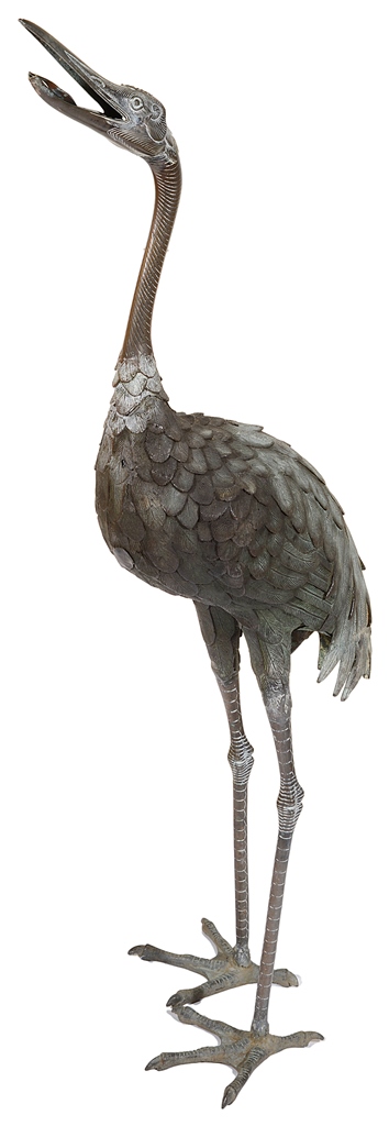 A Japanese Meiji Period Bronze Sculpture of a Red Crowned Crane: Rendered in high relief and finely