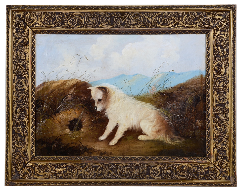 George Armfield (British, 1810-1893): Terrier in a landscape, oil on canvas, signed verso,