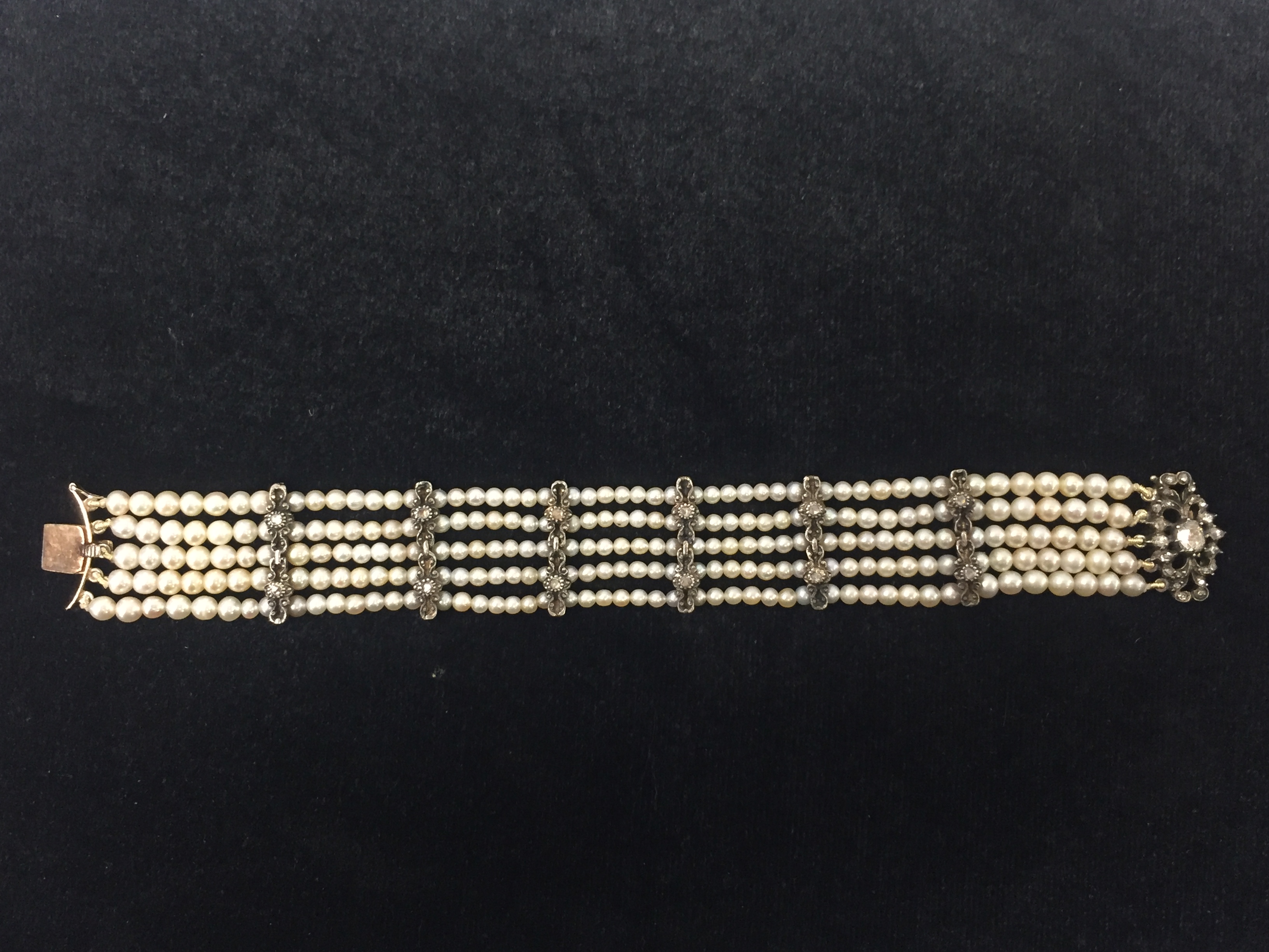 A 19th Century Continental Natural Pearl and Diamond Bracelet: The unhallmarked clasp set with rose - Image 2 of 8