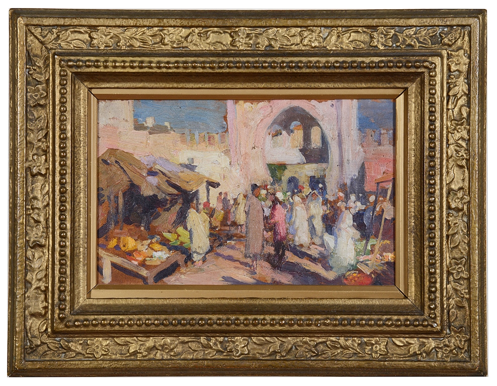 Orientalist School (late 19th/early 20th century): A busy Arab souk, oil on panel,