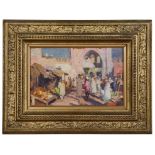 Orientalist School (late 19th/early 20th century): A busy Arab souk, oil on panel,