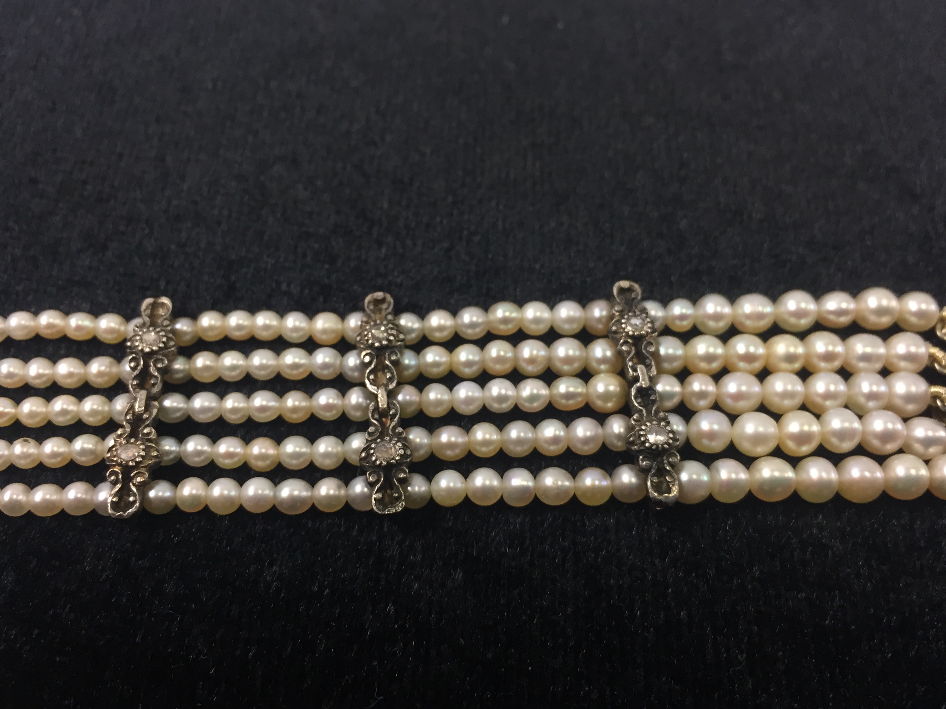 A 19th Century Continental Natural Pearl and Diamond Bracelet: The unhallmarked clasp set with rose - Image 8 of 8