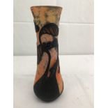 An Okra glass vase orange ground decorated with black swans: H23.