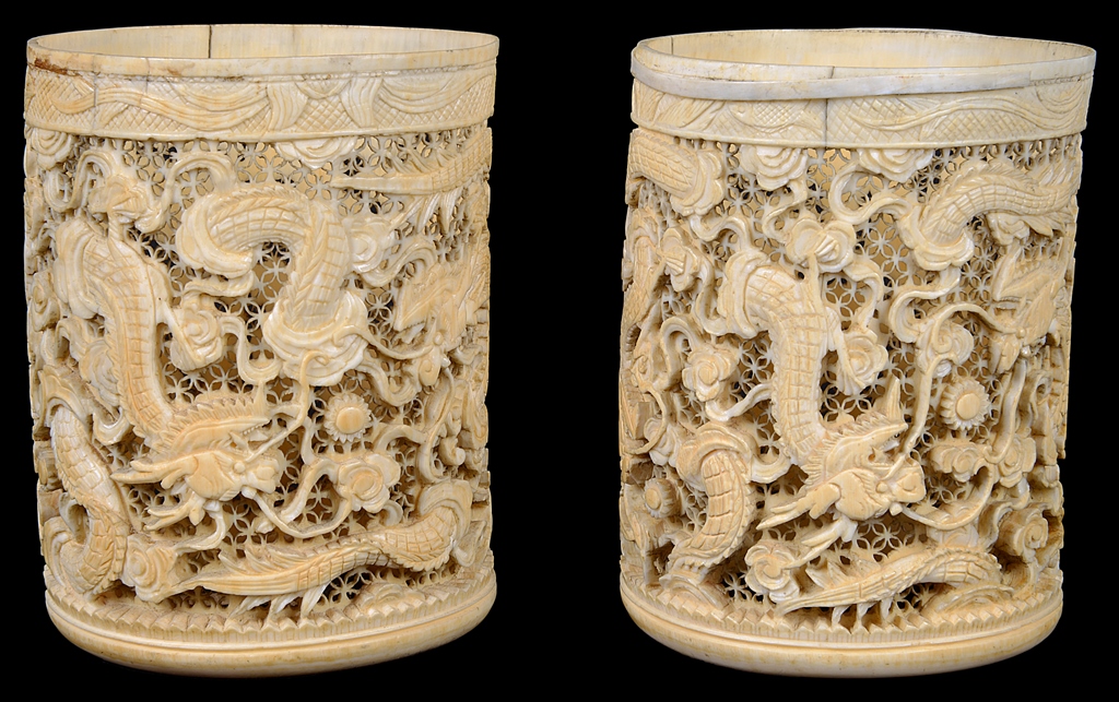 A pair of Chinese Ivory Brush Pots: 19th century,