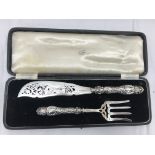 A HM silver cased fork and cake slice: 1882